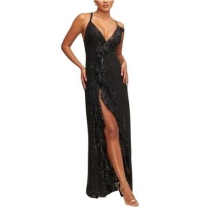LUXXEL Black Sparkle Sequins Strap Ruffle  Evening Gown Formal Dress Size S
